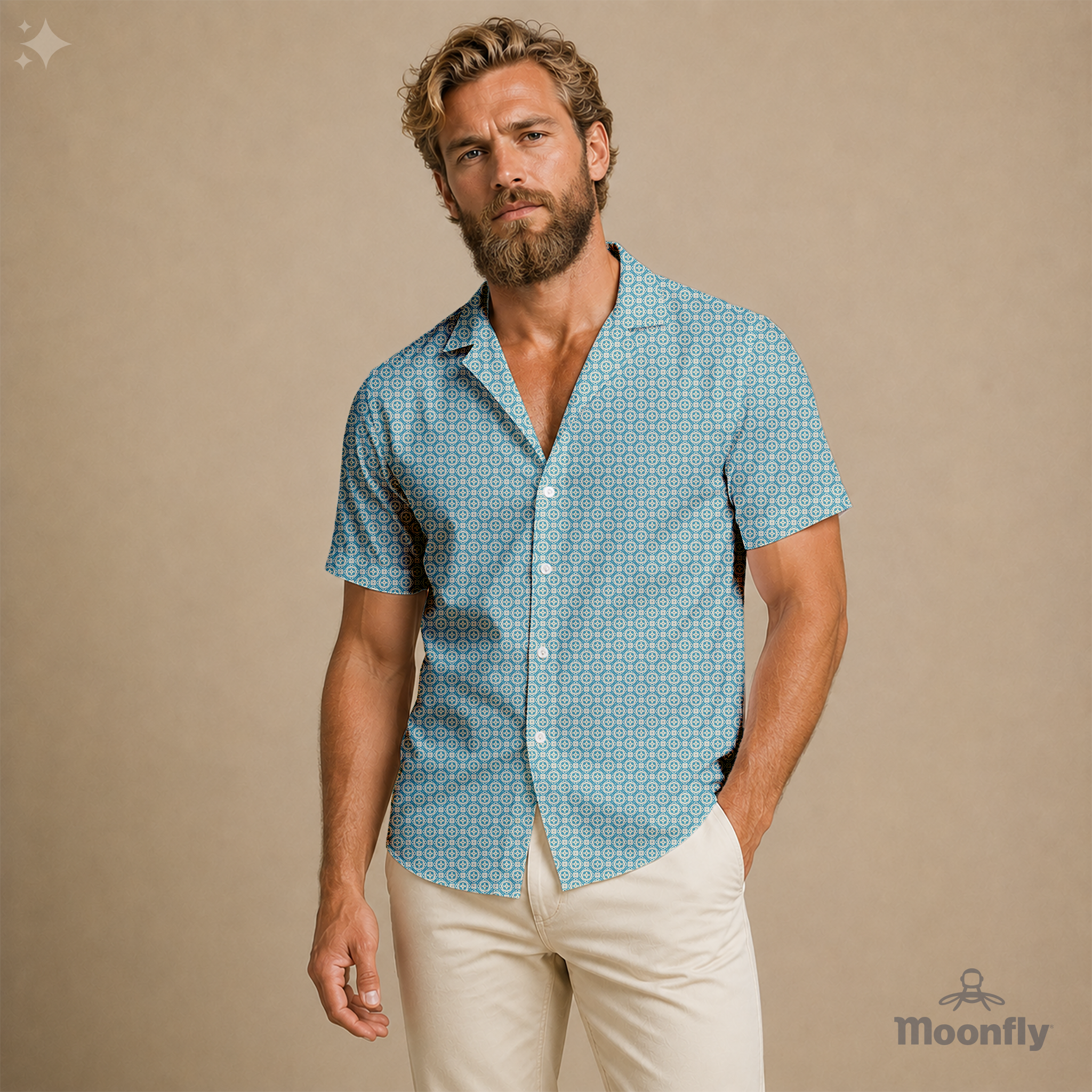 Men’s geometric-pattern cotton Hawaiian short-sleeve button-down shirt in cream and light blue.