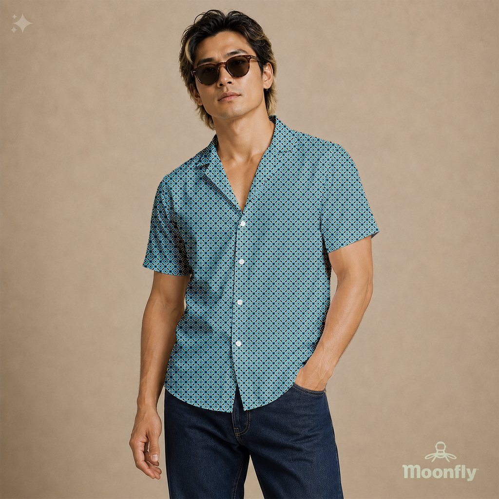 Men’s geometric-pattern cotton Hawaiian short-sleeve button-down shirt in black, blue and cream.