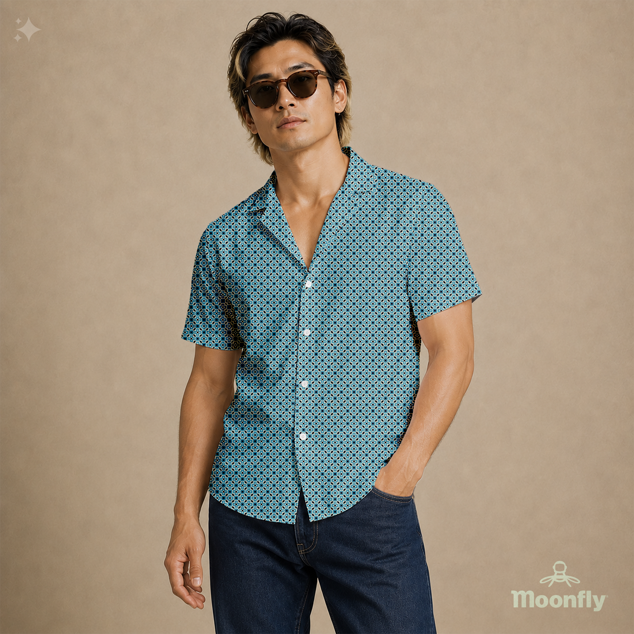 Men’s geometric-pattern cotton Hawaiian short-sleeve button-down shirt in black, blue and cream.