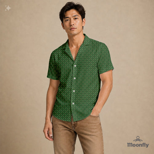 Men’s geometric-pattern cotton Hawaiian short-sleeve button-down shirt in dark green, light green and cream.