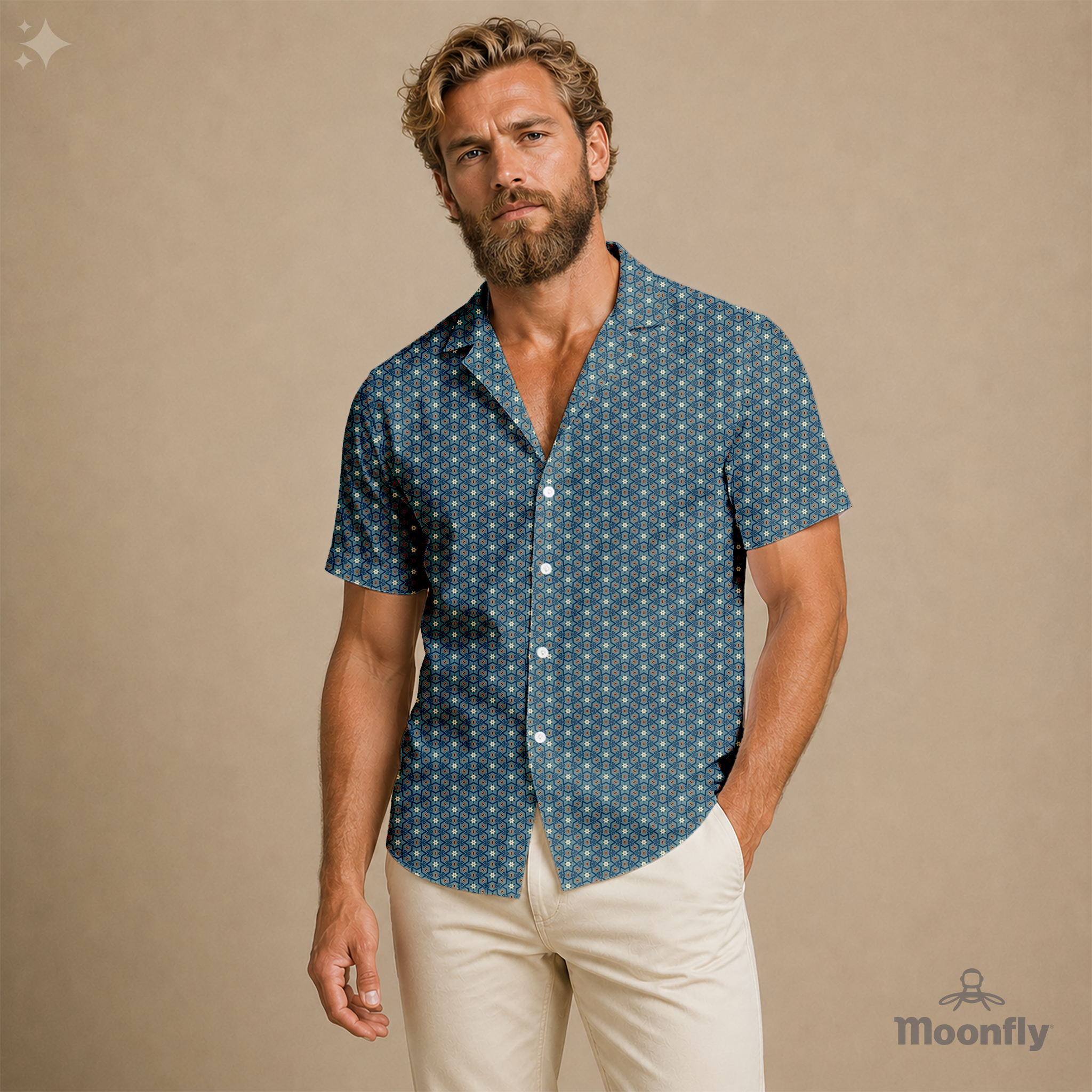 Men’s geometric-pattern cotton Hawaiian short-sleeve button-down shirt in black, blue, cream and brown.