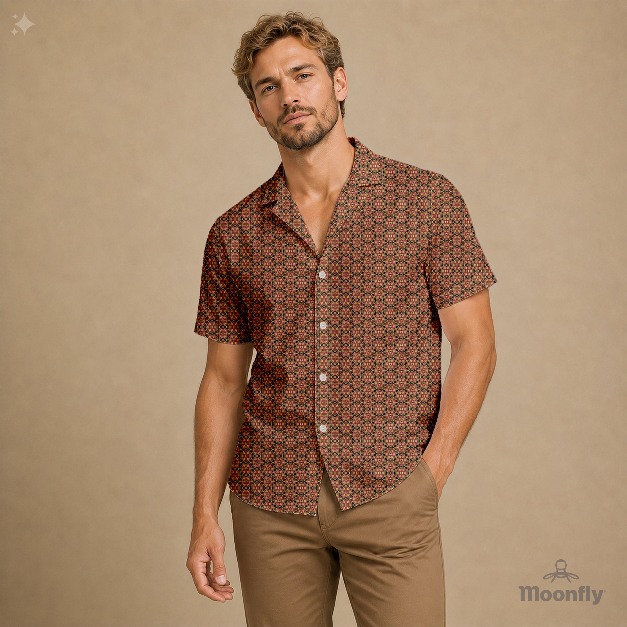 Men’s geometric-pattern cotton Hawaiian short-sleeve button-down shirt in black, gold and pink.