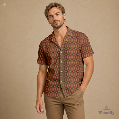 Men’s geometric-pattern cotton Hawaiian short-sleeve button-down shirt in black, gold and pink.