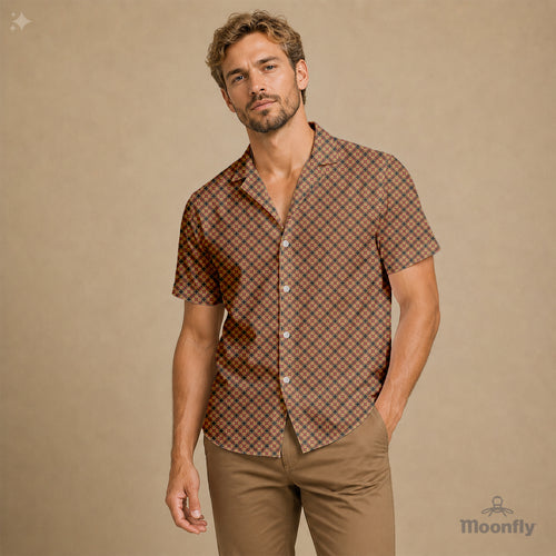 Men’s geometric-pattern cotton Hawaiian short-sleeve button-down shirt in black, light pink and cream.