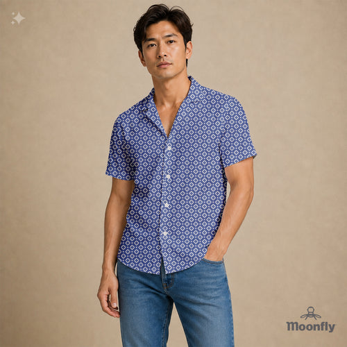 Men’s geometric-pattern cotton Hawaiian short-sleeve button-down shirt in gray, cream and blue.