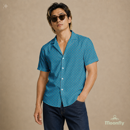 men's geometric-pattern cotton Hawaiian short-sleeve button-down shirt in dark blue, blue, cream and red.