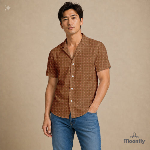 Men’s geometric-pattern cotton Hawaiian short-sleeve button-down shirt in dark brown, light brown and cream.