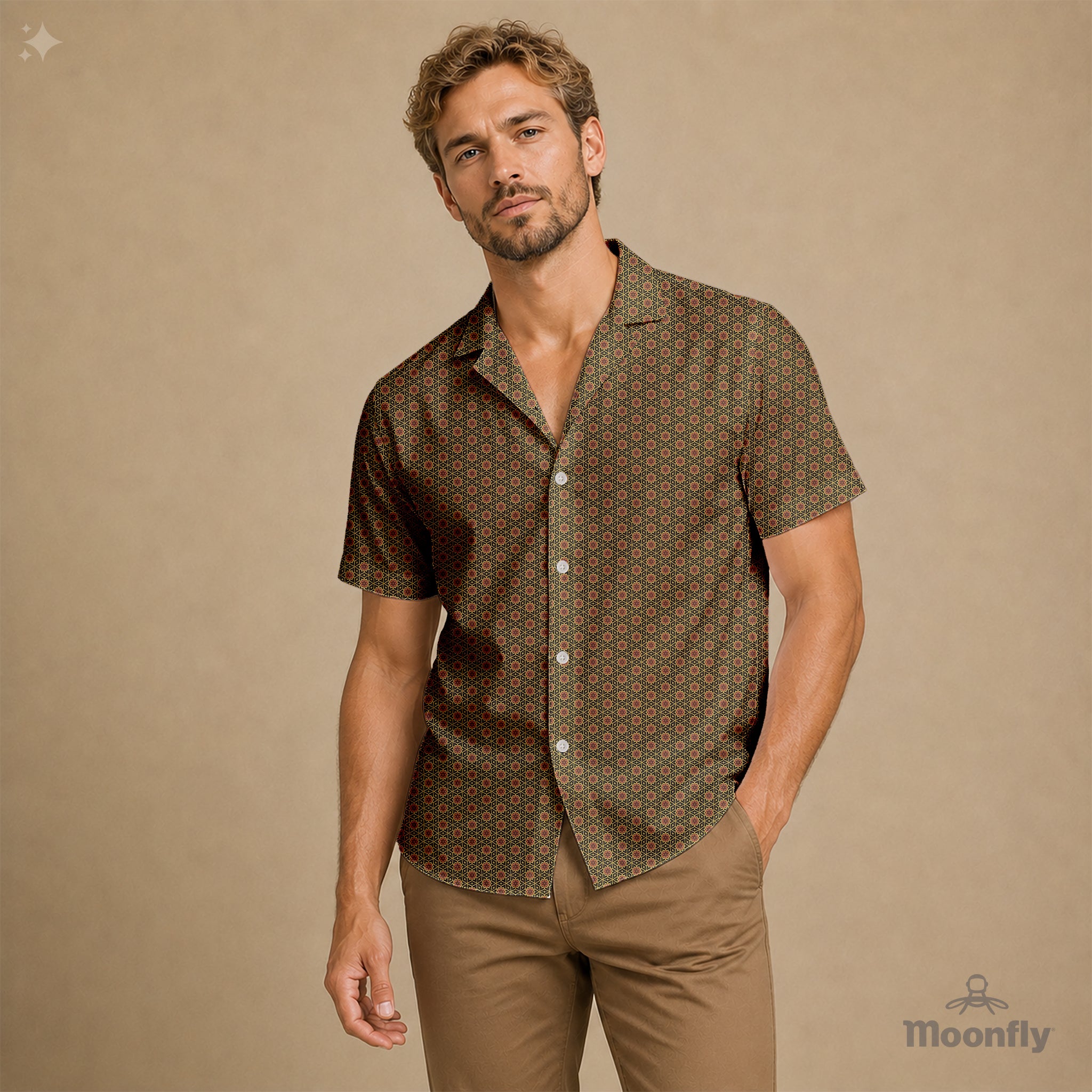 Men’s geometric-pattern cotton Hawaiian short-sleeve button-down shirt in black, brown and yellow.