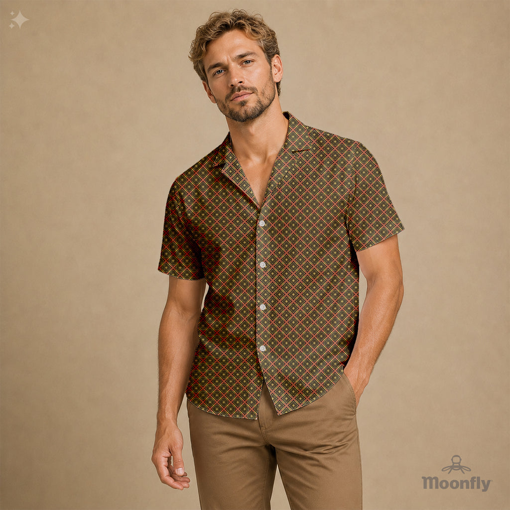 Men’s geometric-pattern cotton Hawaiian short-sleeve button-down shirt in black, brown and yellow.