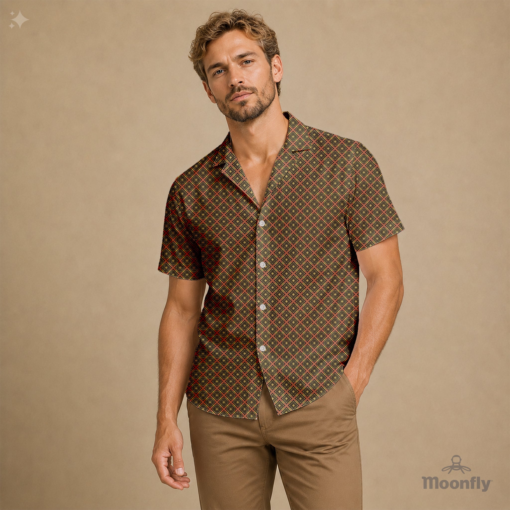 Men’s geometric-pattern cotton Hawaiian short-sleeve button-down shirt in black, brown and yellow.