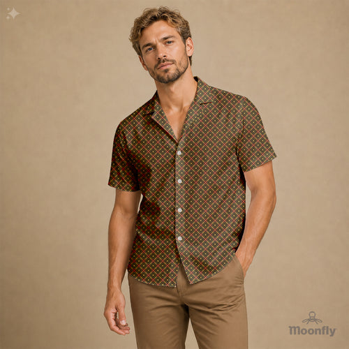 Men’s geometric-pattern cotton Hawaiian short-sleeve button-down shirt in black, brown and yellow.