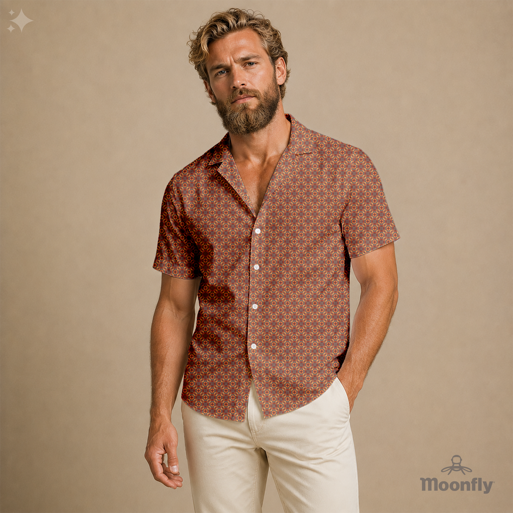 Men’s geometric-pattern cotton Hawaiian short-sleeve button-down shirt in grey, orange and yellow.