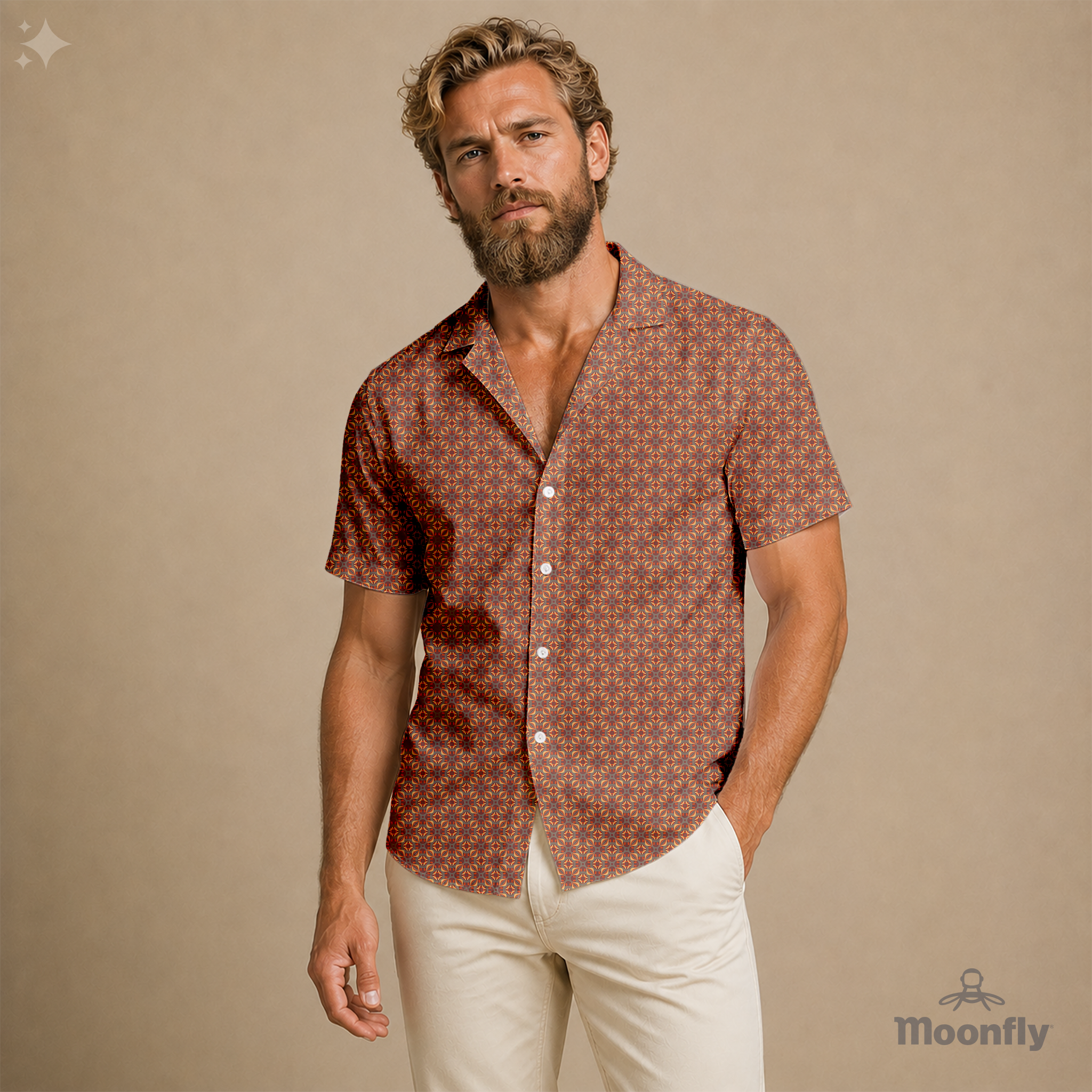 Men’s geometric-pattern cotton Hawaiian short-sleeve button-down shirt in grey, orange and yellow.