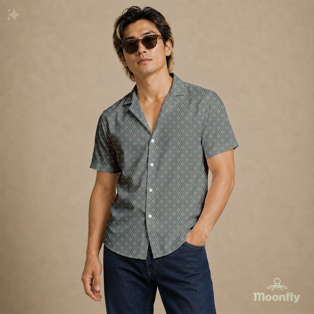 Men’s geometric-pattern cotton Hawaiian short-sleeve button-down shirt in blue, cream and yellow.