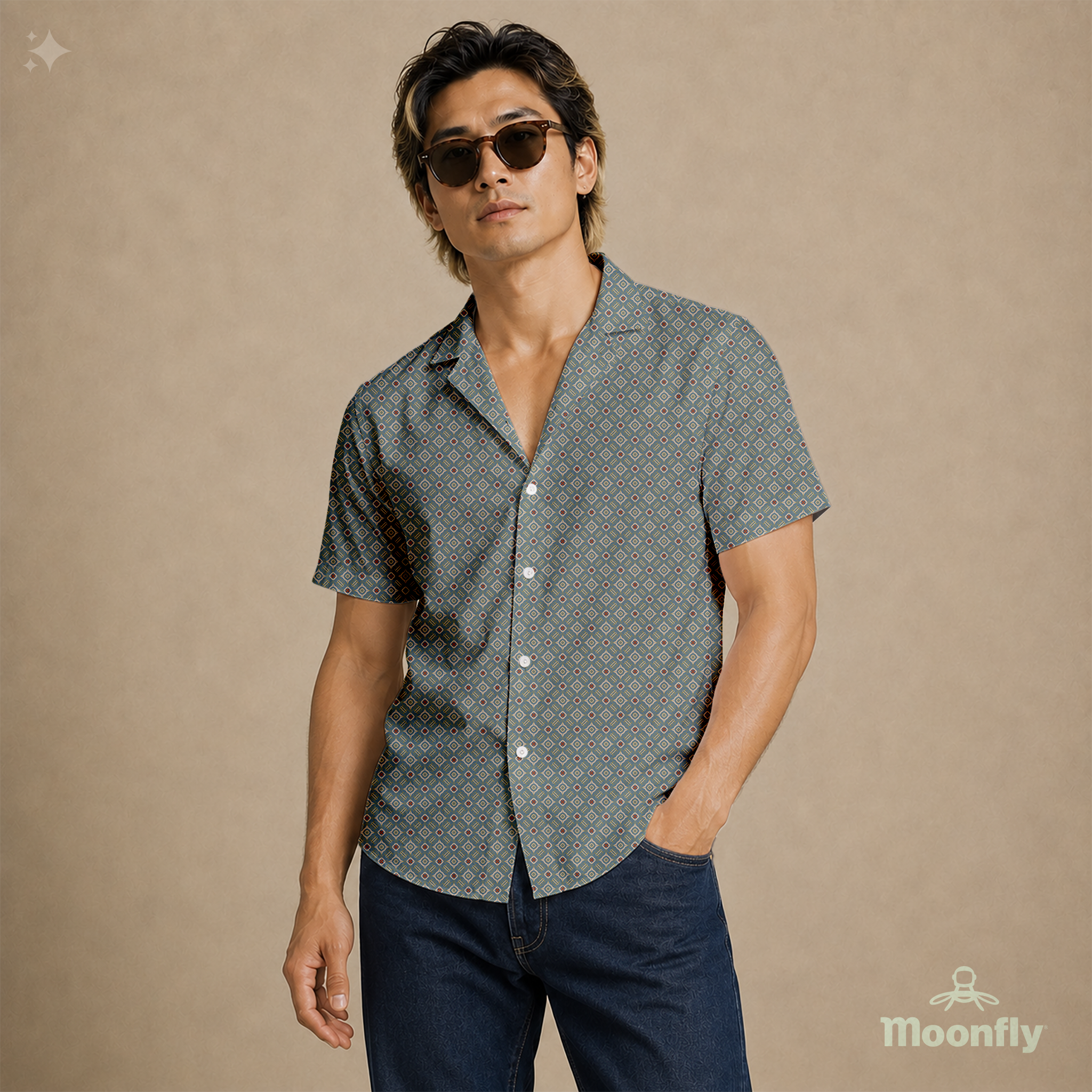 Men’s geometric-pattern cotton Hawaiian short-sleeve button-down shirt in blue, cream and yellow.