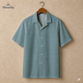 Men’s geometric-pattern cotton Hawaiian short-sleeve button-down shirt in black, blue and cream.