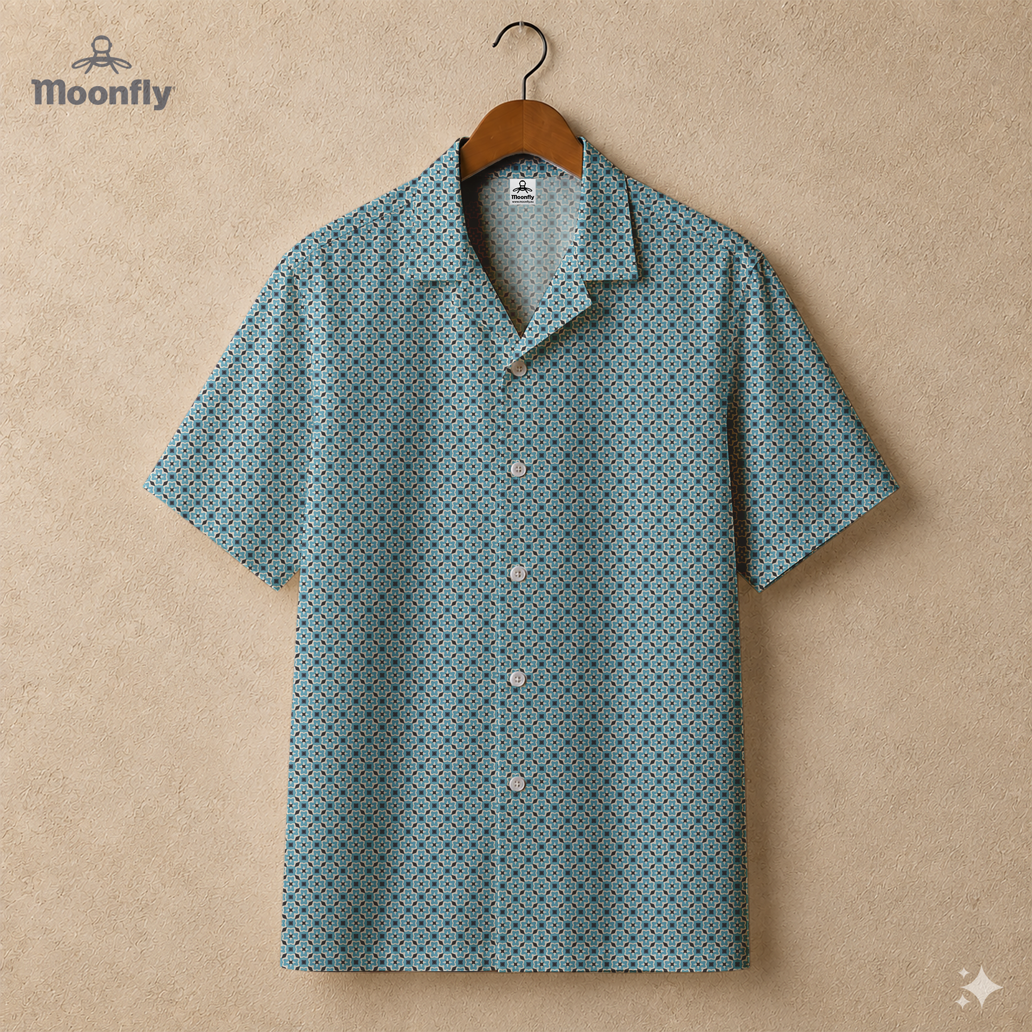 Men’s geometric-pattern cotton Hawaiian short-sleeve button-down shirt in black, blue and cream.