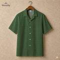 Men’s geometric-pattern cotton Hawaiian short-sleeve button-down shirt in dark green, light green and cream.