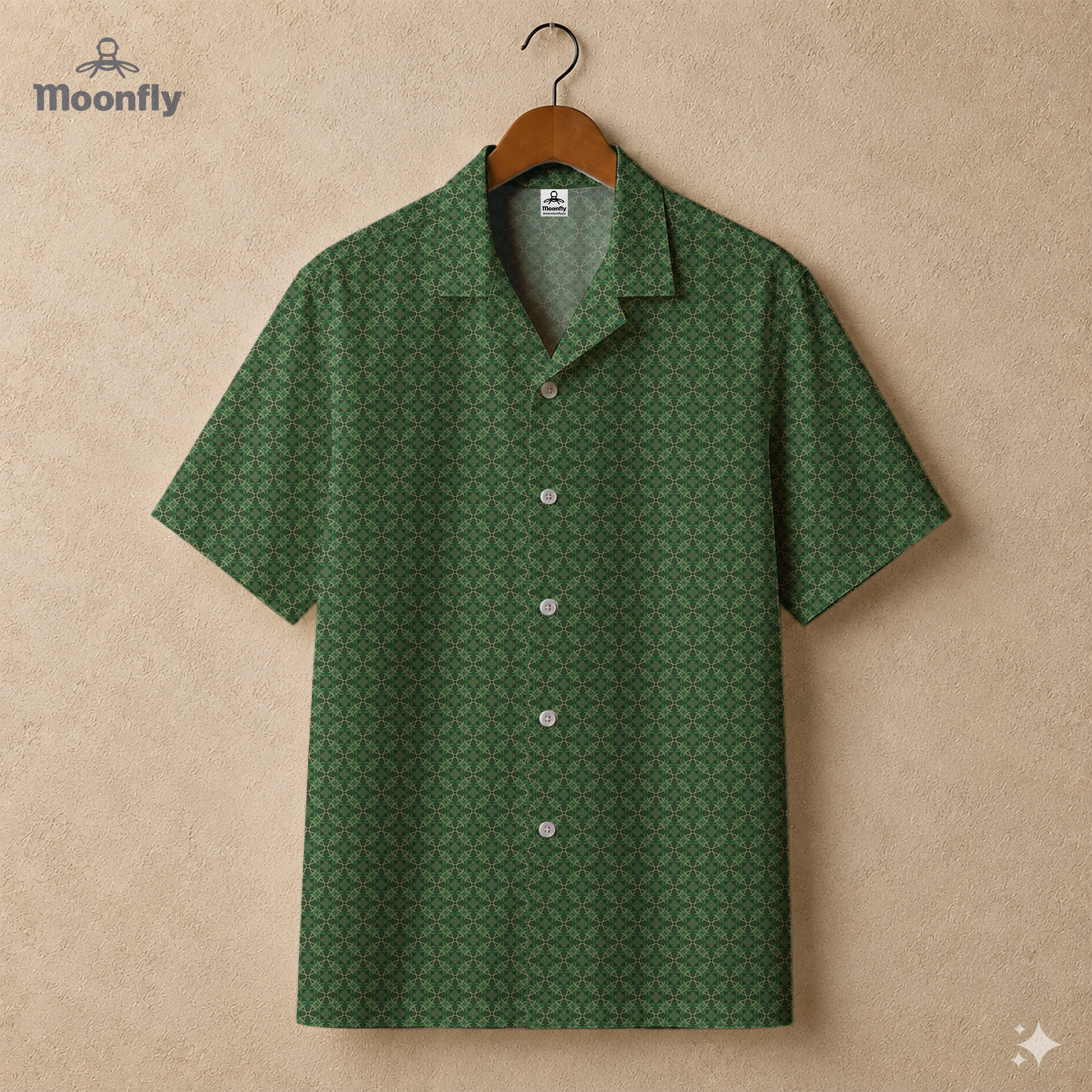 Men’s geometric-pattern cotton Hawaiian short-sleeve button-down shirt in dark green, light green and cream.