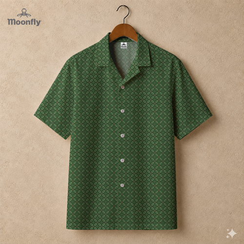 Men’s geometric-pattern cotton Hawaiian short-sleeve button-down shirt in dark green, light green and cream.