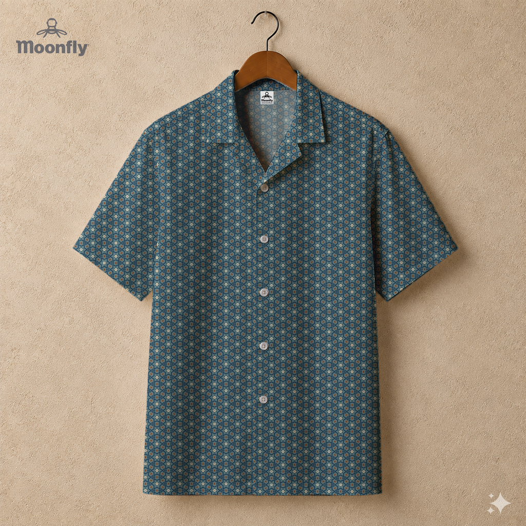 Men’s geometric-pattern cotton Hawaiian short-sleeve button-down shirt in black, blue, cream and brown.
