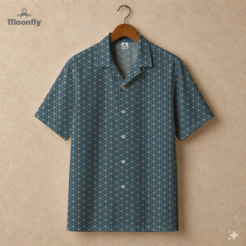 Men’s geometric-pattern cotton Hawaiian short-sleeve button-down shirt in black, blue, cream and brown.
