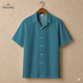 Men's geometric-pattern cotton Hawaiian short-sleeve button-down shirt in dark blue, blue, cream and red.