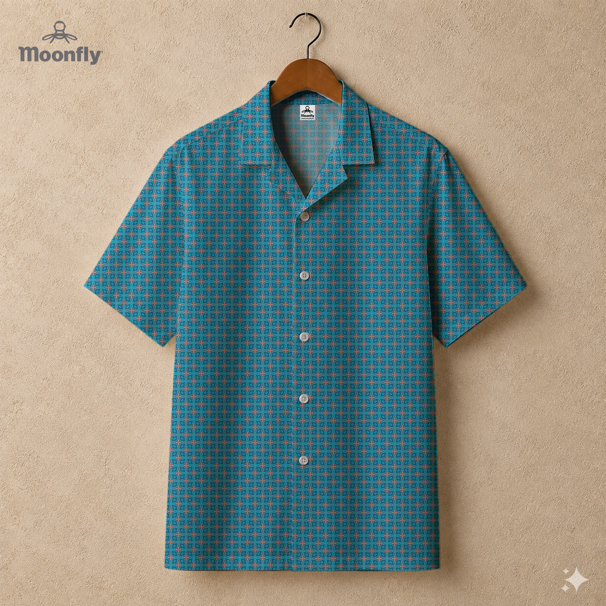 Men's geometric-pattern cotton Hawaiian short-sleeve button-down shirt in dark blue, blue, cream and red.