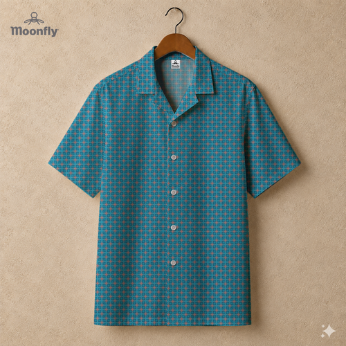 Men's geometric-pattern cotton Hawaiian short-sleeve button-down shirt in dark blue, blue, cream and red.