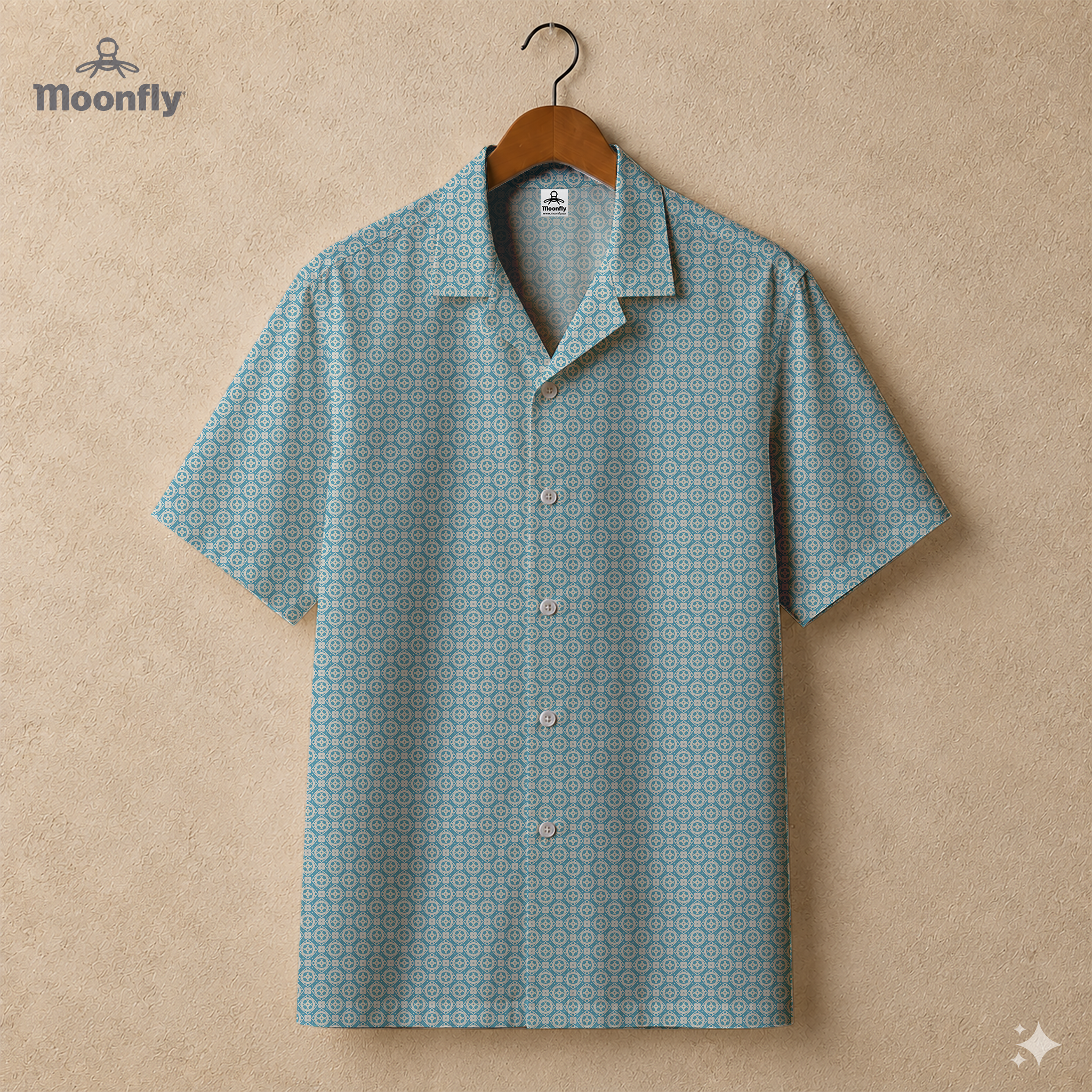 Men’s geometric-pattern cotton Hawaiian short-sleeve button-down shirt in cream and light blue.