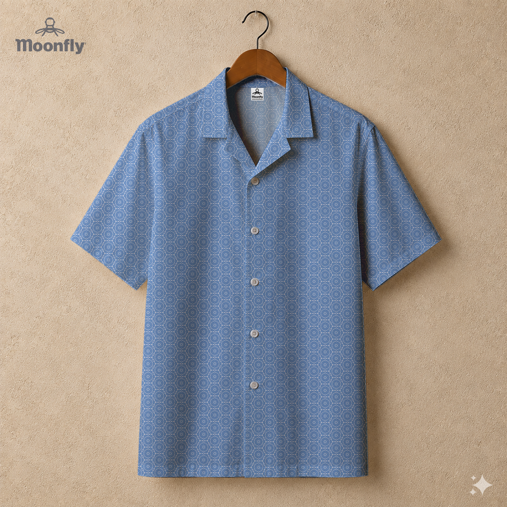 Men’s geometric-pattern cotton Hawaiian short-sleeve button-down shirt in cream and light blue.