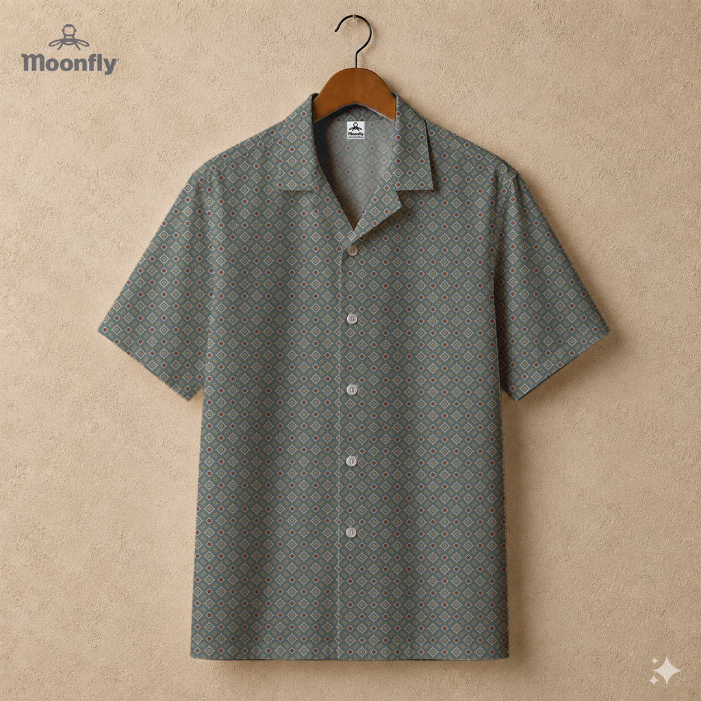 Men’s geometric-pattern cotton Hawaiian short-sleeve button-down shirt in blue, cream and yellow.