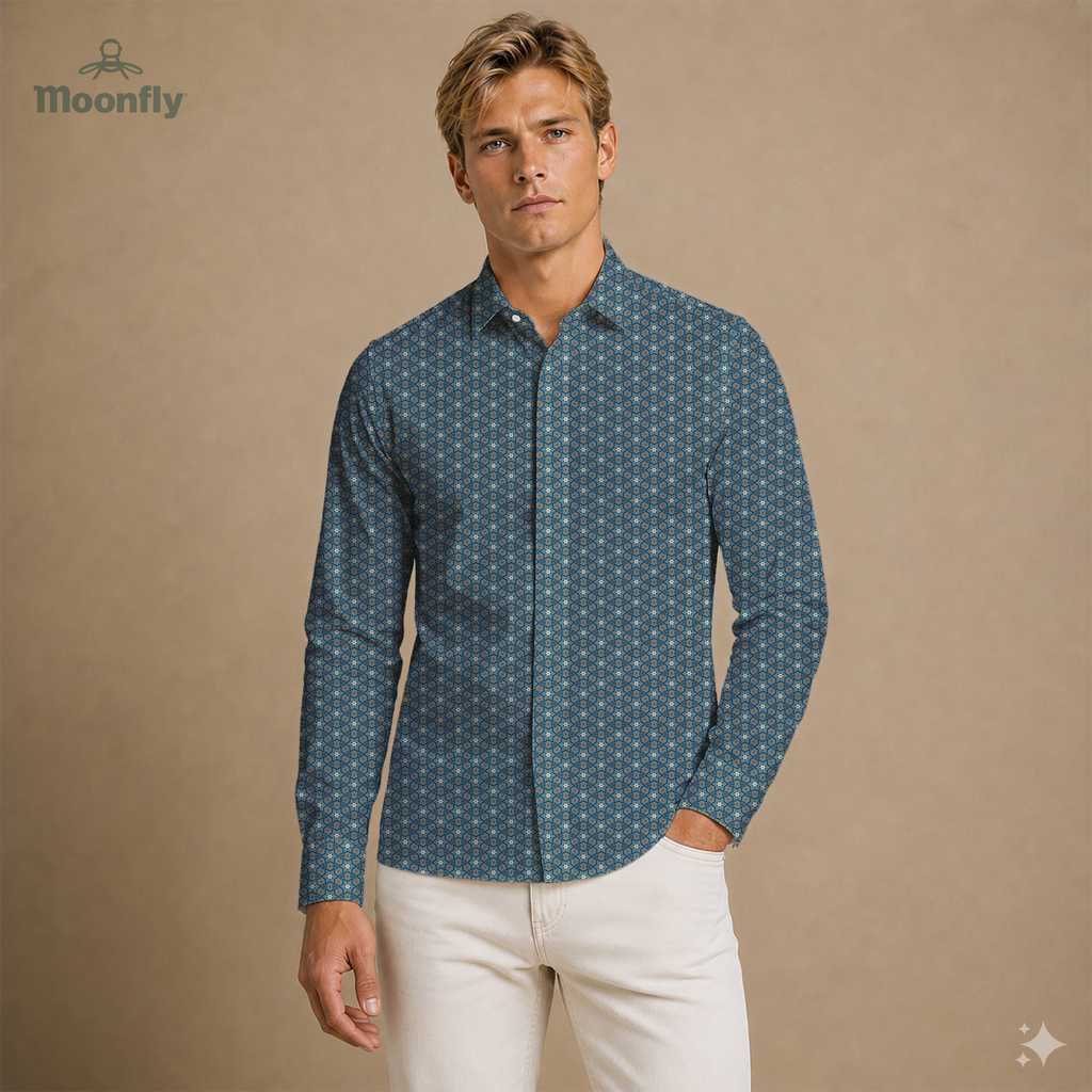 Men’s geometric black, brown, cream and blue cotton long sleeve button-down shirt.