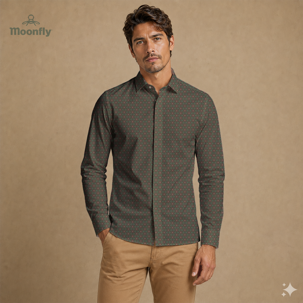 Men’s geometric dark green, light green, bordeaux and pink cotton long sleeve button-down shirt.