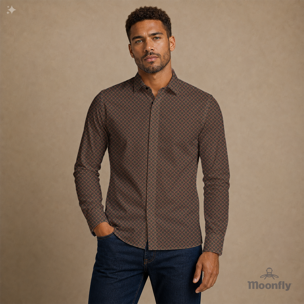 Men’s geometric black, brown, cream and gold cotton long sleeve button-down shirt.