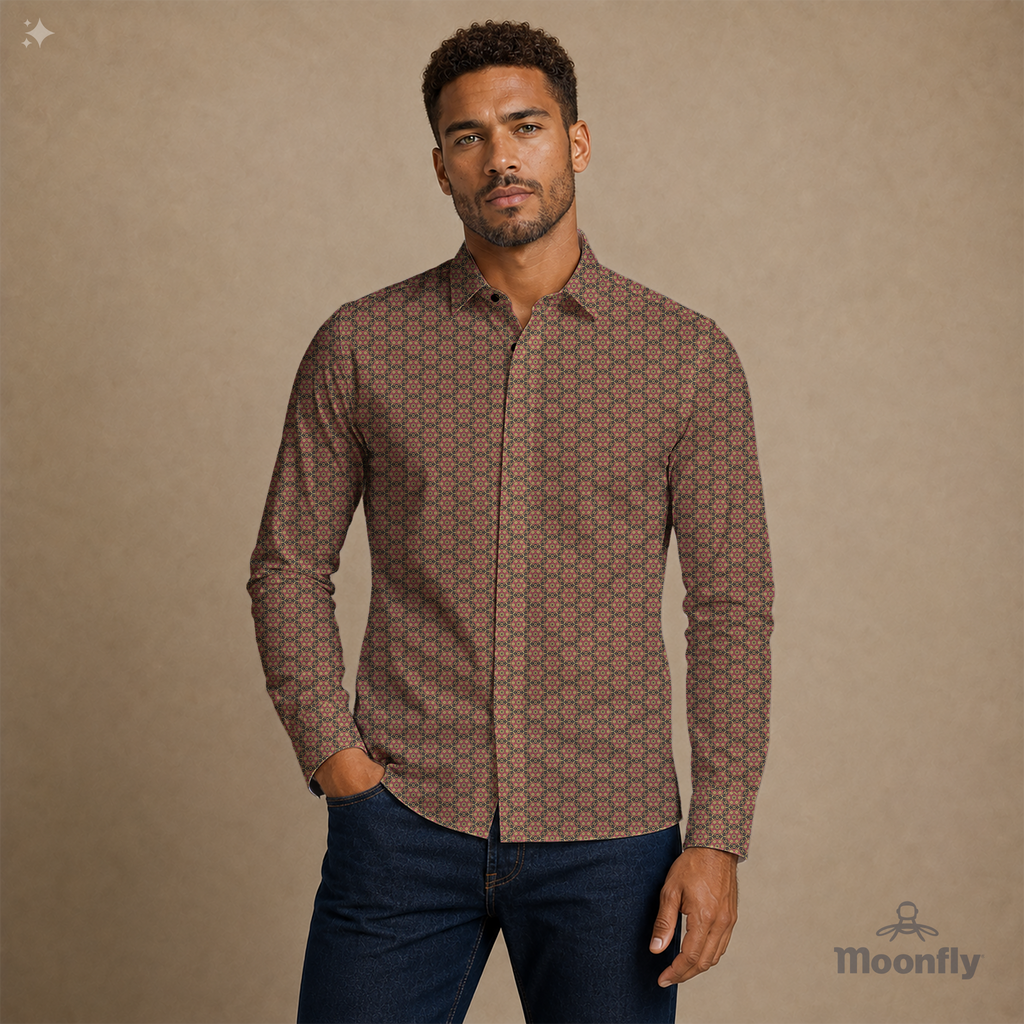 Men’s geometric black, gold and pink cotton long sleeve button-down shirt.