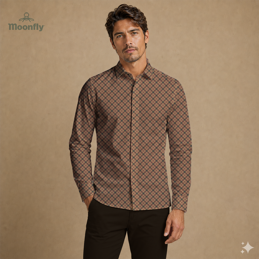 Men’s geometric black, brown, cream and dark gold cotton long sleeve button-down shirt.