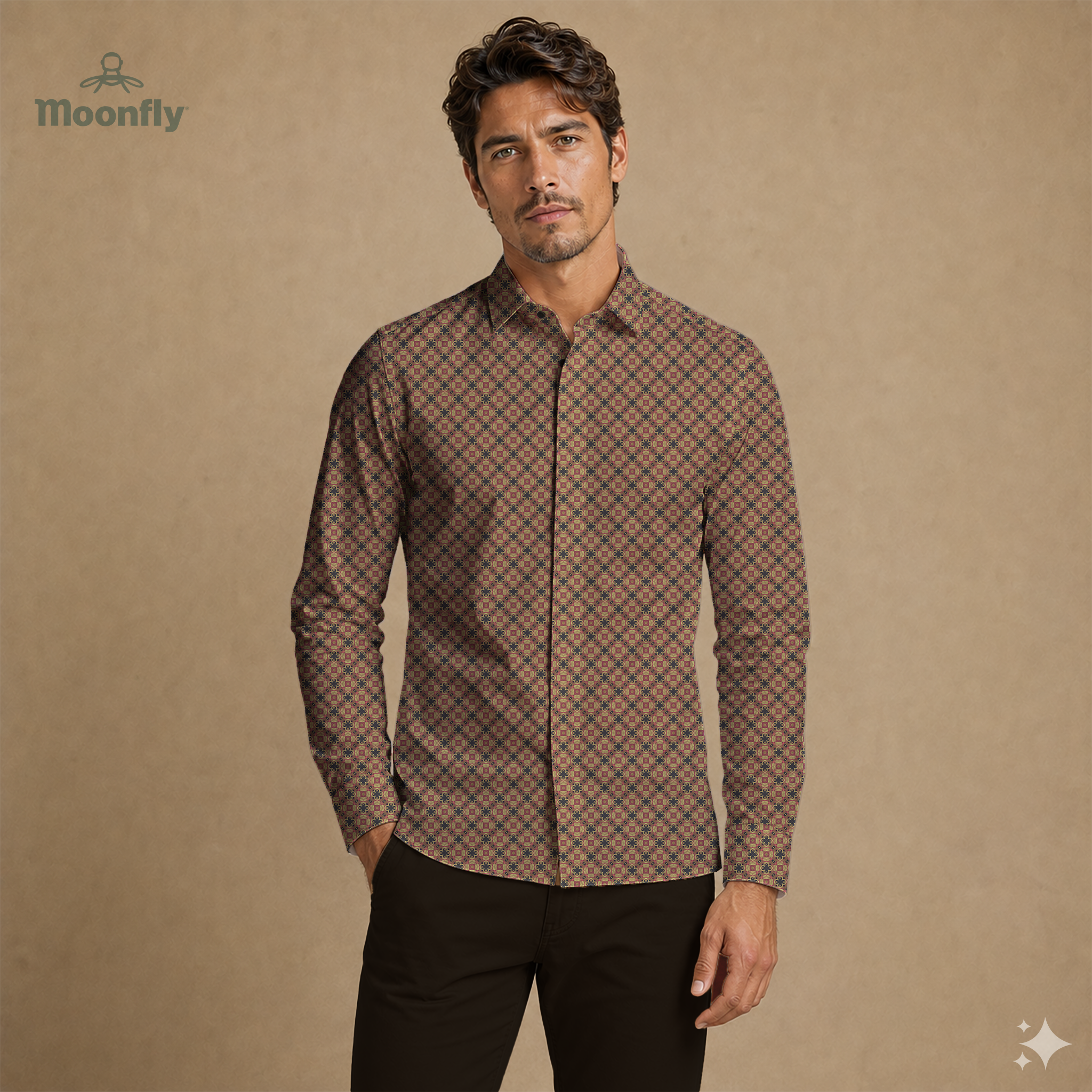 Men’s geometric black, brown, cream and dark gold cotton long sleeve button-down shirt.