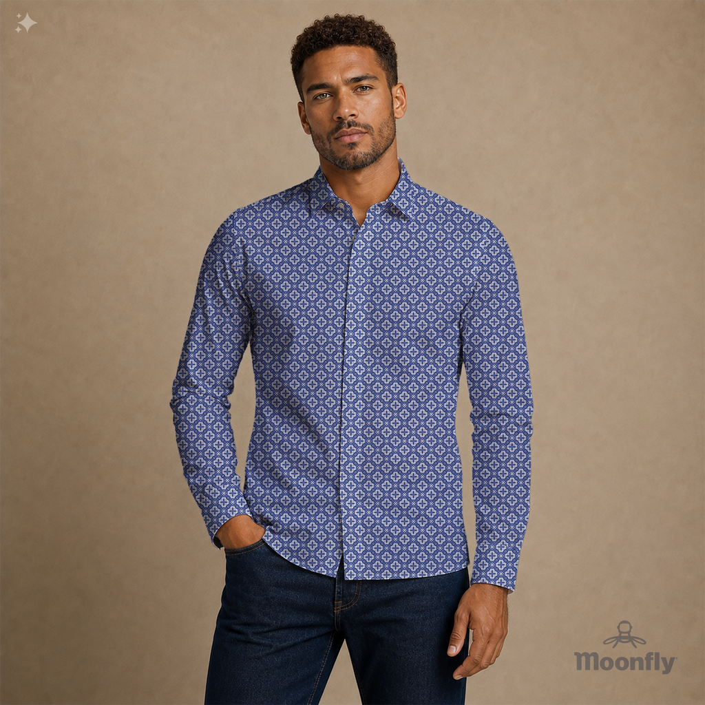 Men’s geometric blue, white and grey cotton long sleeve button-down shirt.