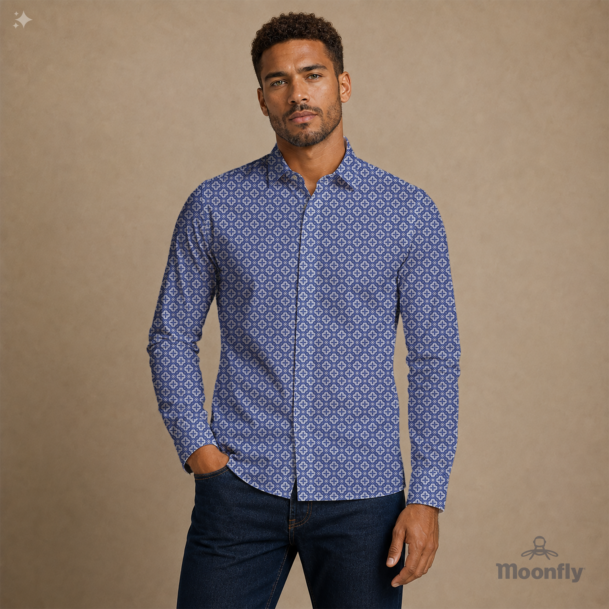 Men’s geometric blue, white and grey cotton long sleeve button-down shirt.