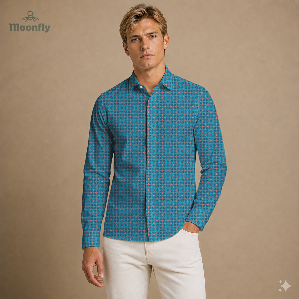 Men’s geometric blue, dark blue, cream and red cotton long sleeve button-down shirt.