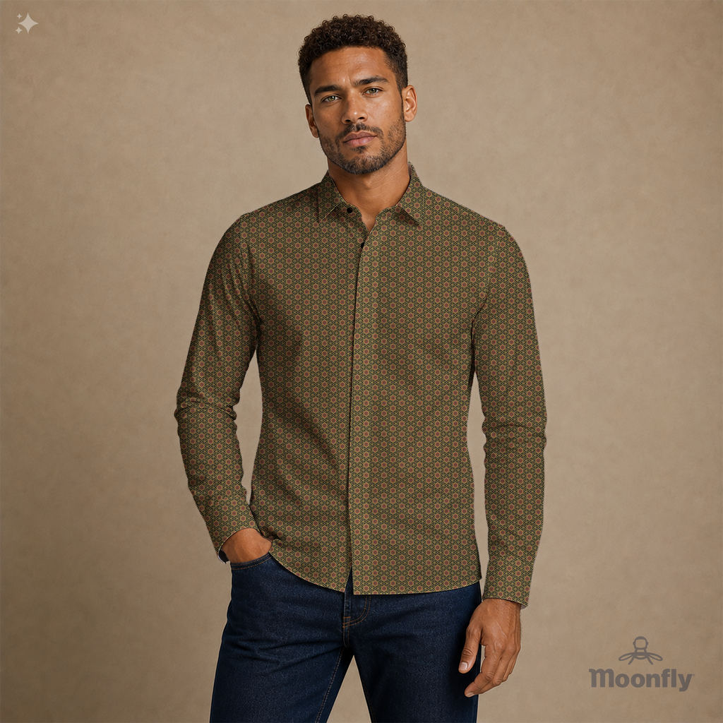  Men’s geometric black, yellow and brown cotton long sleeve button-down shirt. 