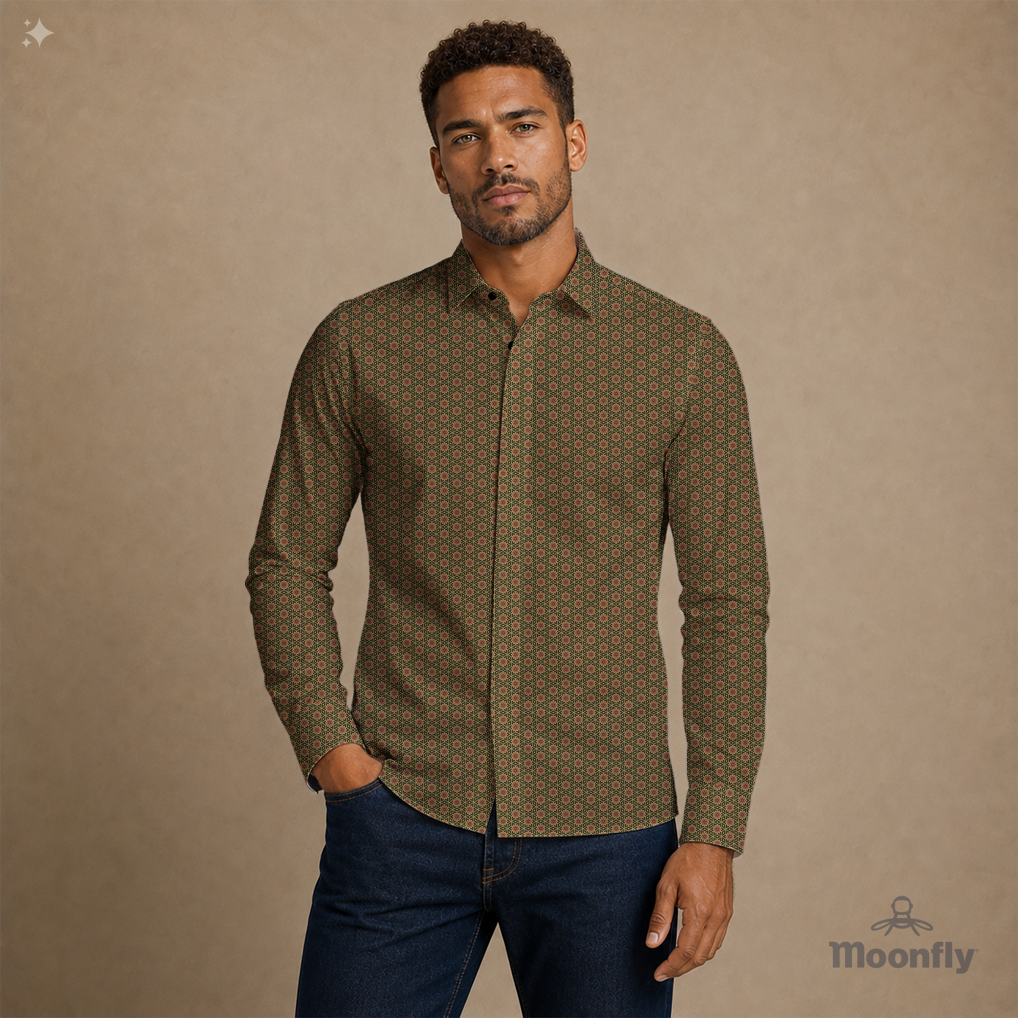  Men’s geometric black, yellow and brown cotton long sleeve button-down shirt. 