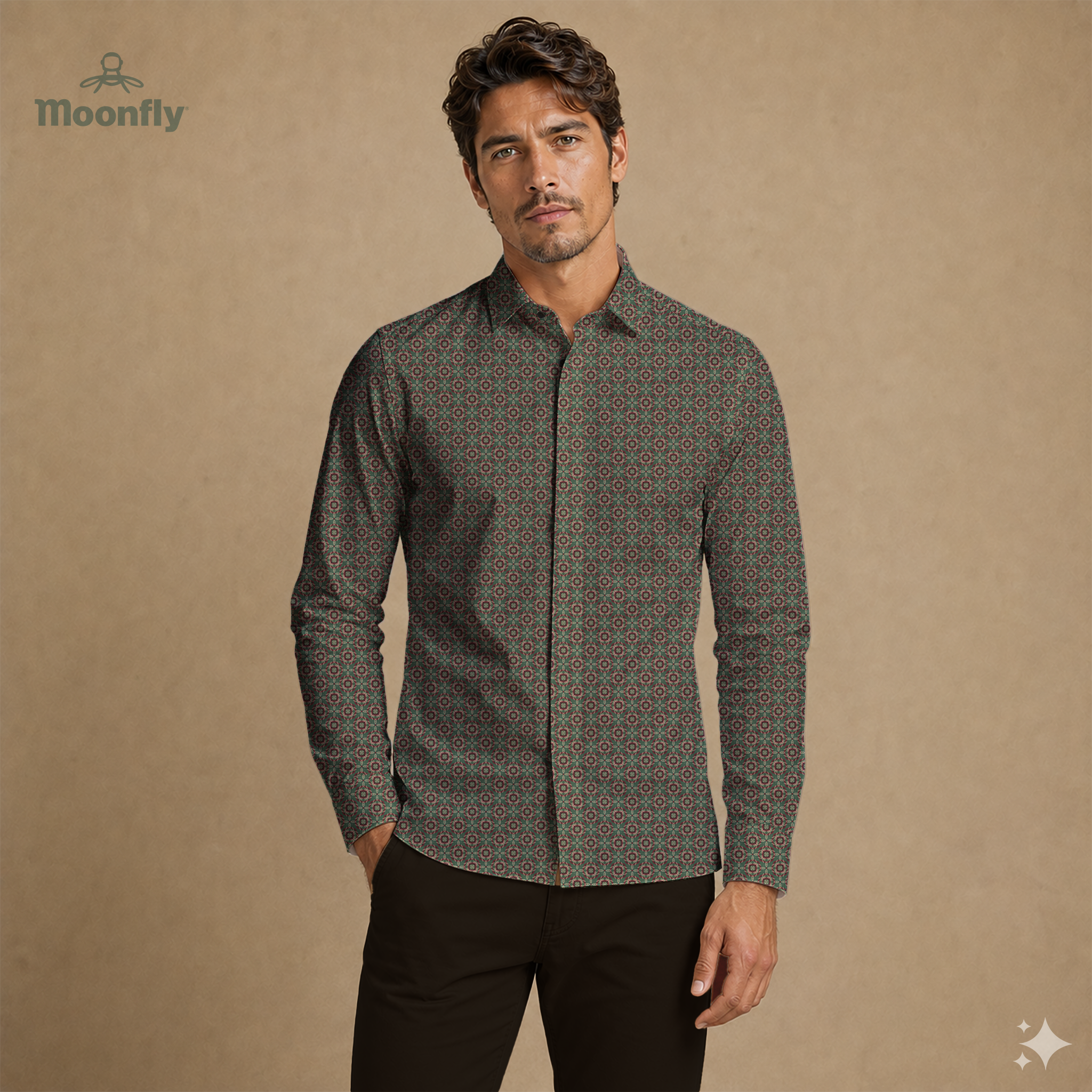 Men’s geometric pink, bordeaux, green and cream cotton long sleeve button-down shirt.