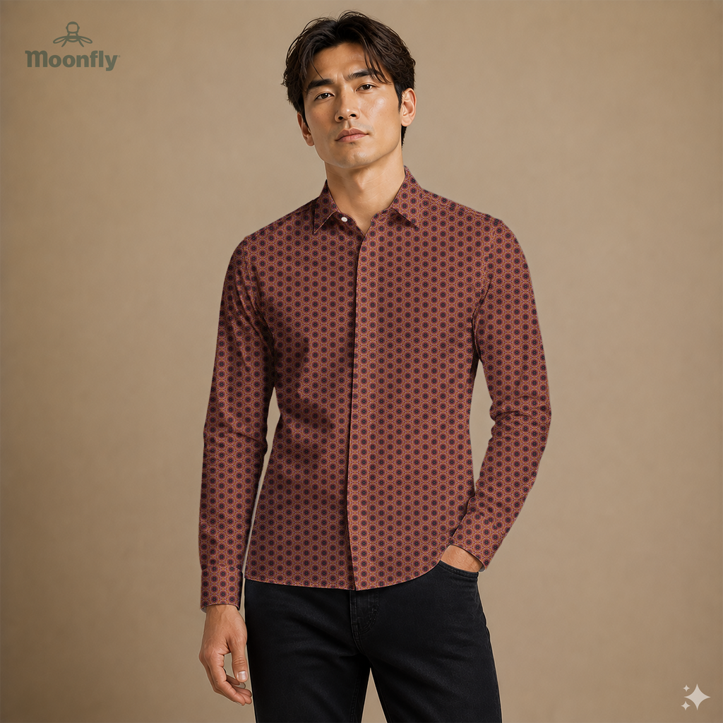 Men’s geometric pink, bordeaux, orange and cream cotton long sleeve button-down shirt.