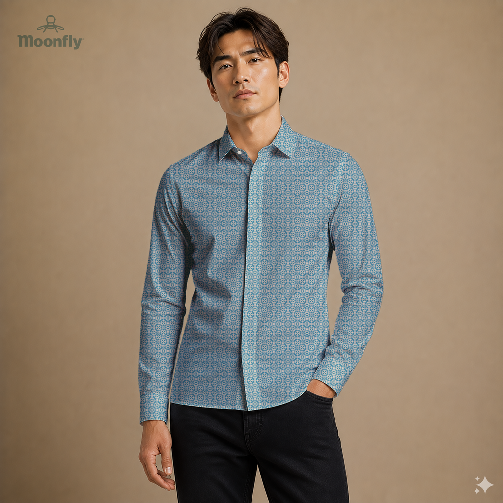 Men’s geometric blue and cream cotton long sleeve button-down shirt.