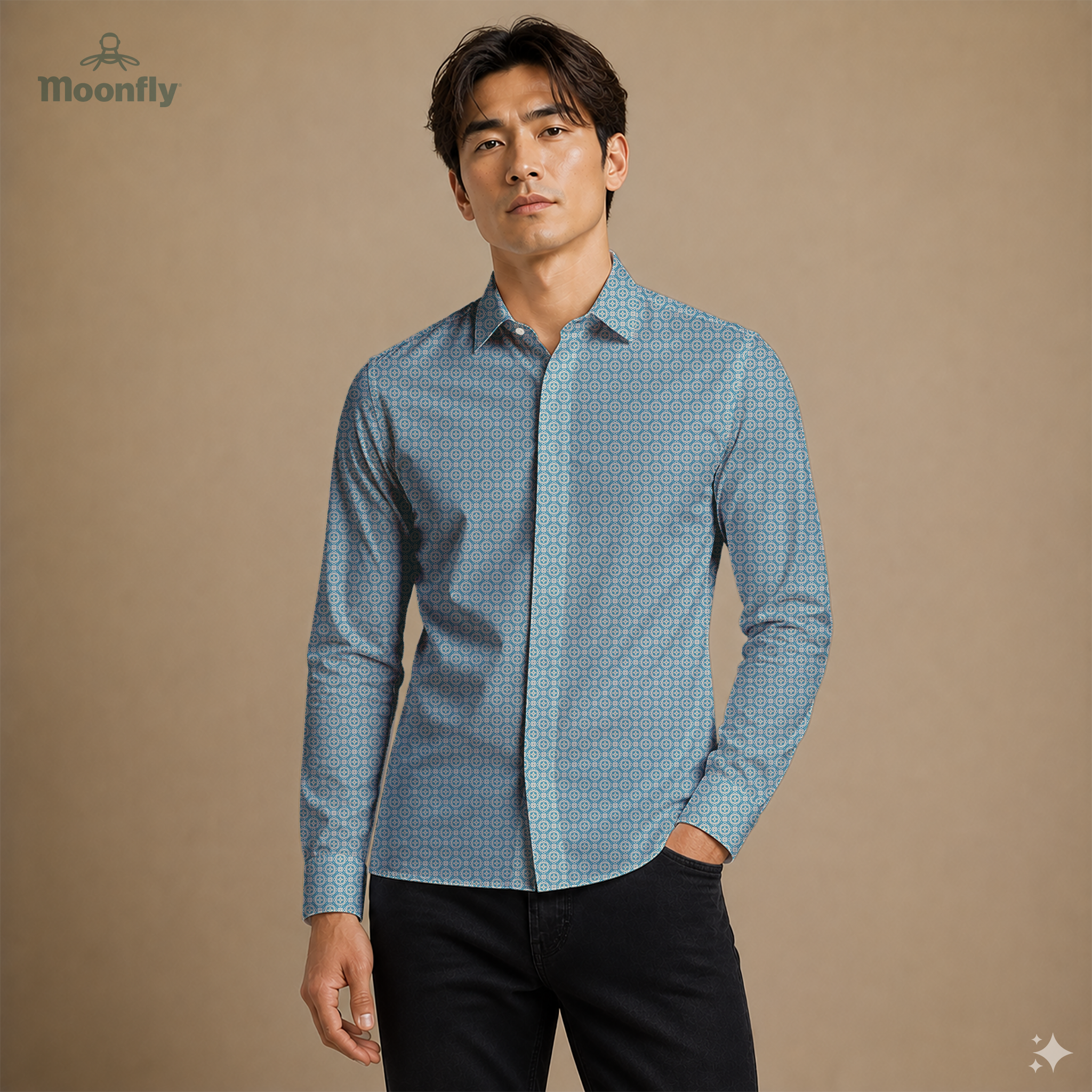 Men’s geometric blue and cream cotton long sleeve button-down shirt.