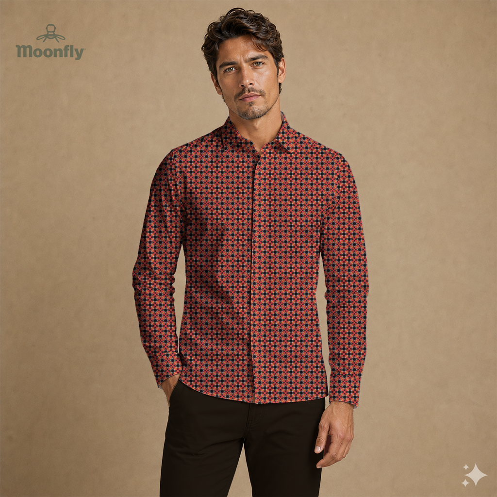 Men’s geometric black, orange and red cotton long sleeve button-down shirt.