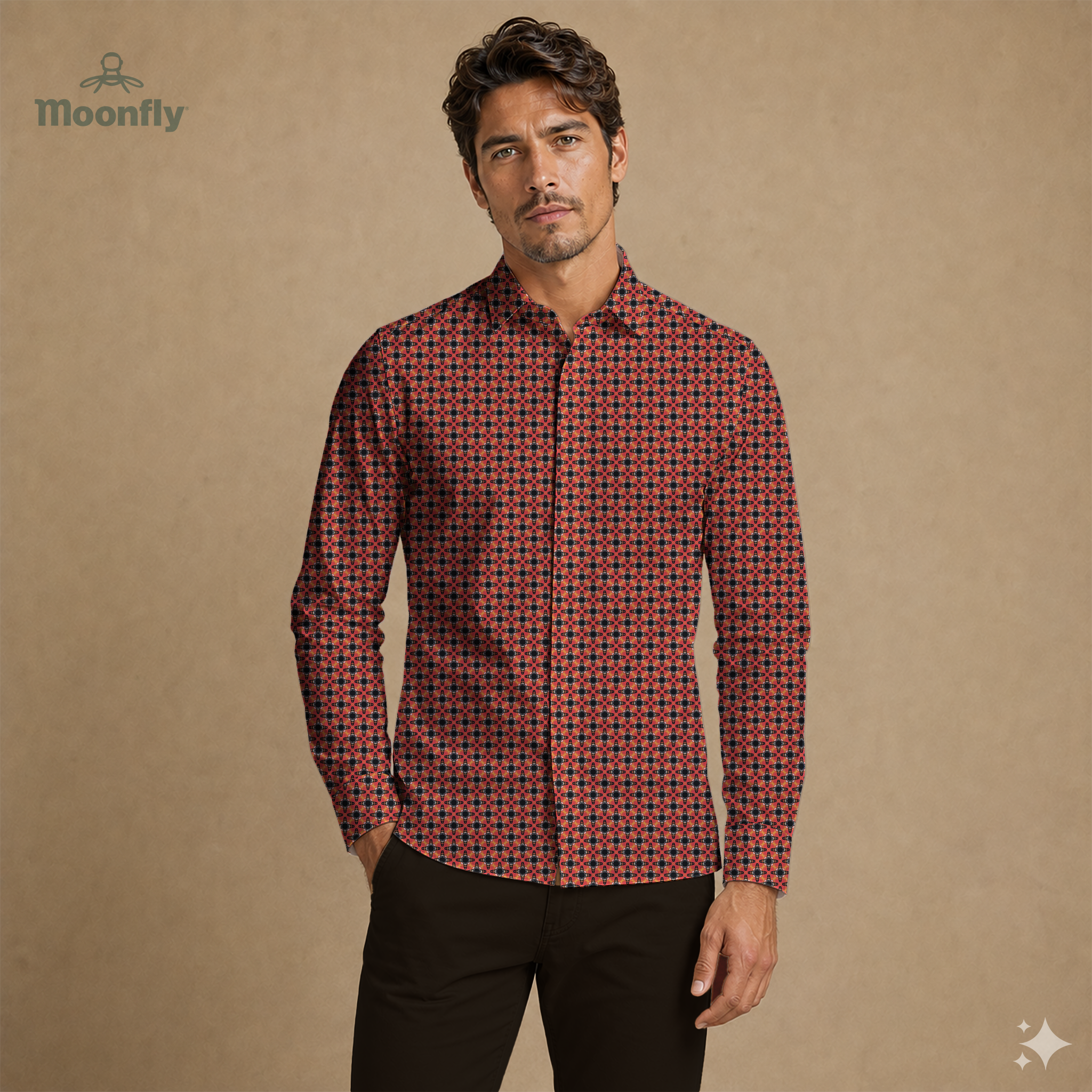 Men’s geometric black, orange and red cotton long sleeve button-down shirt.