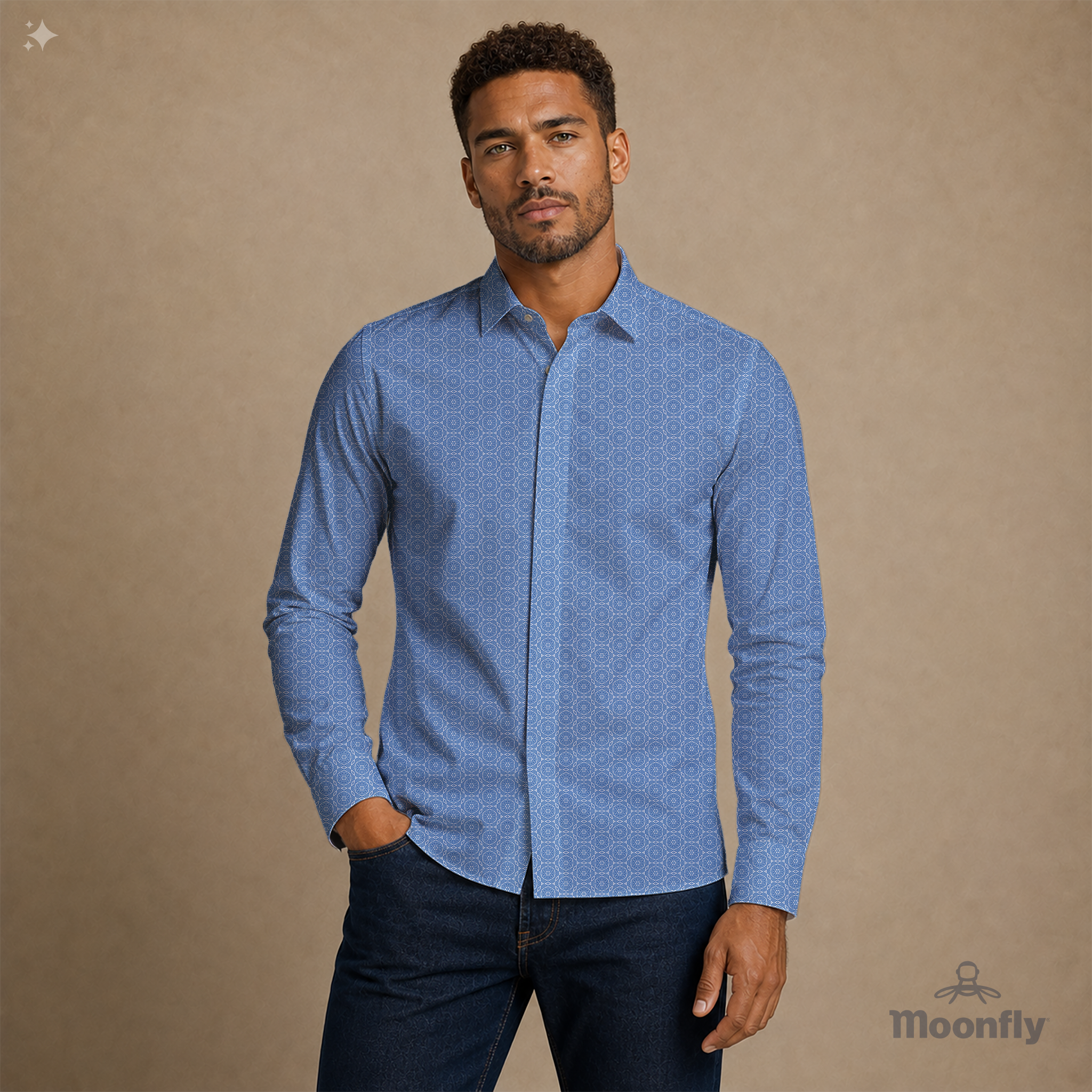 Men’s geometric blue and white cotton long sleeve button-down shirt.